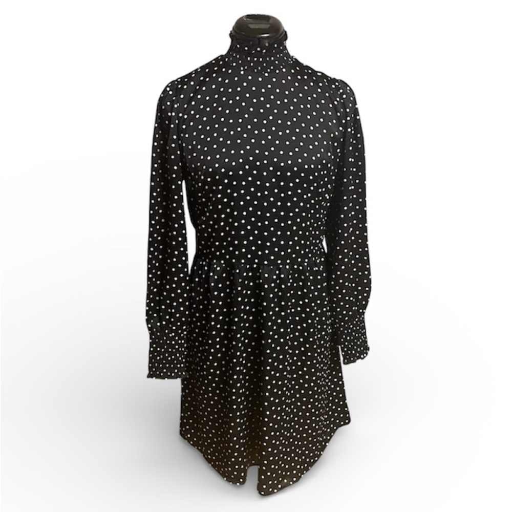 LOFT Women’s Black Dress White Polka Dots Shirred Cuffs Mock Neck Size 6
